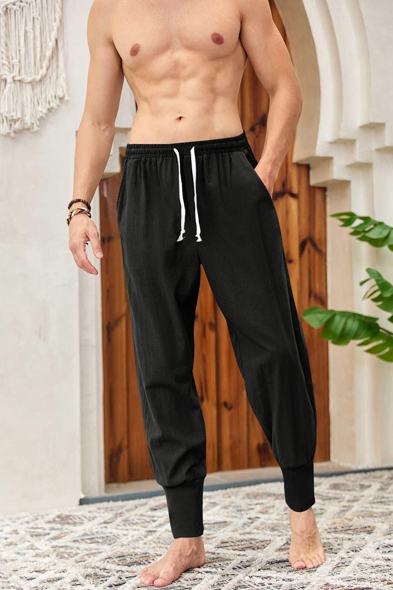 Pengfei Men's Joggers Pants Drawstring Elastic Pockets, Black, Medium - Image 2